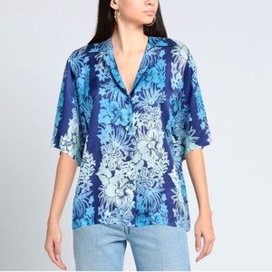 SANDRO Paris Women's 1 Hawaiian Floral Print Button Down Short Sleeve Shirt Blue